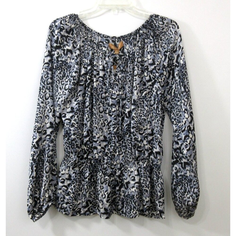 Ellen Tracy Womens Blouse Small Black Animal Print Gathered Peplum Silky Keyhole